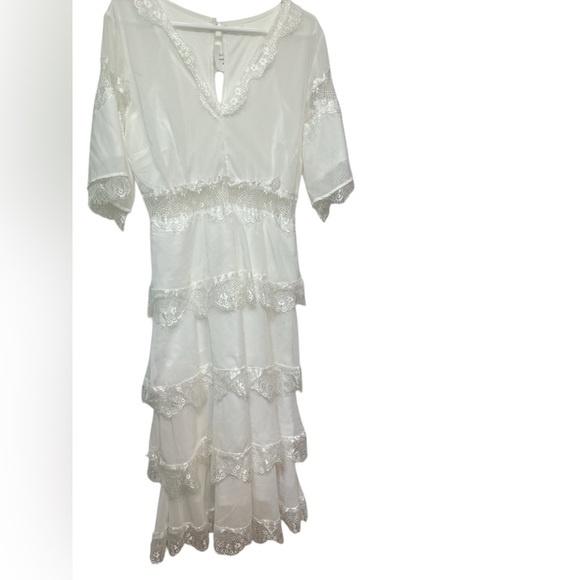 Tulle High Waist Hollow Out Lace Short Sleeve V Neck Long Dress - Picture 1 of 10